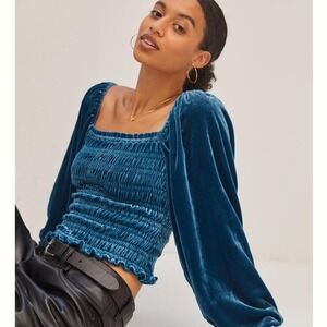 Anthropologie Puff Sleeve Smocked Bodice Velvet Blouse Size Small Jewel‎ Toned